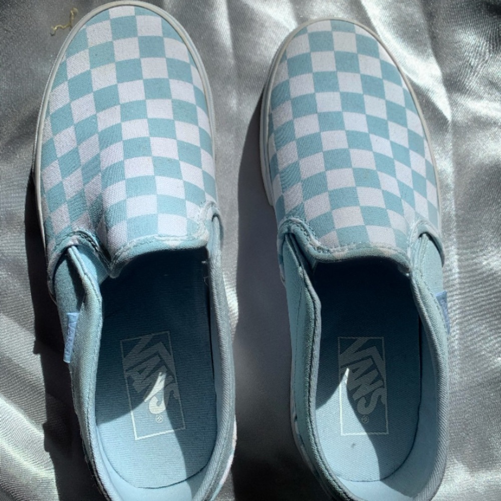 Blue and white checkered slip on Vans